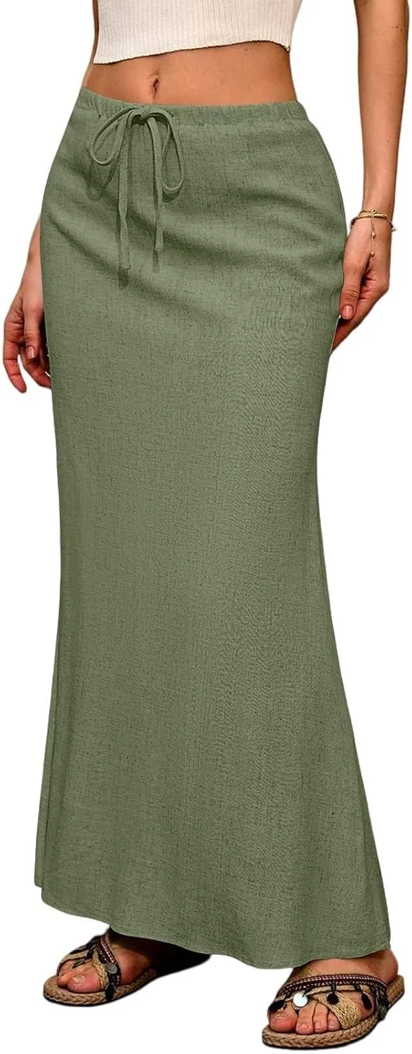 Women's Boho Skirts Linen Flared Maxi Skirt with Back Slit-Elastic Waist Drawstring Long Flowy Skirt, S-2XL