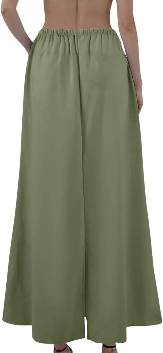 Women's Boho Skirts Linen Flared Maxi Skirt with Back Slit-Elastic Waist Drawstring Long Flowy Skirt, S-2XL