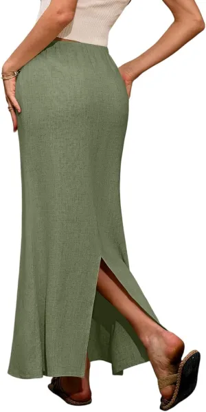 Women's Boho Skirts Linen Flared Maxi Skirt with Back Slit-Elastic Waist Drawstring Long Flowy Skirt, S-2XL