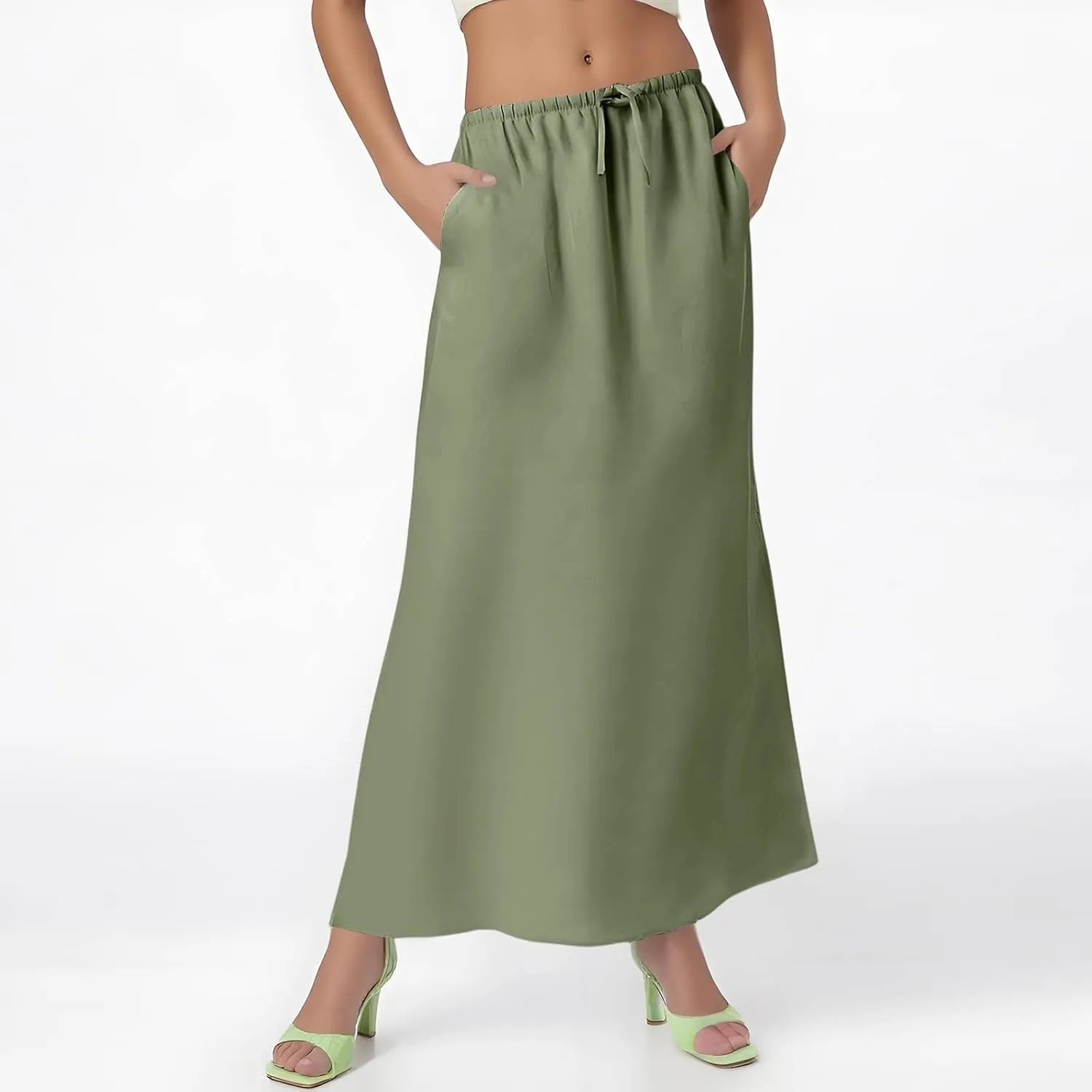 Women's Boho Skirts Linen Flared Maxi Skirt with Back Slit-Elastic Waist Drawstring Long Flowy Skirt, S-2XL