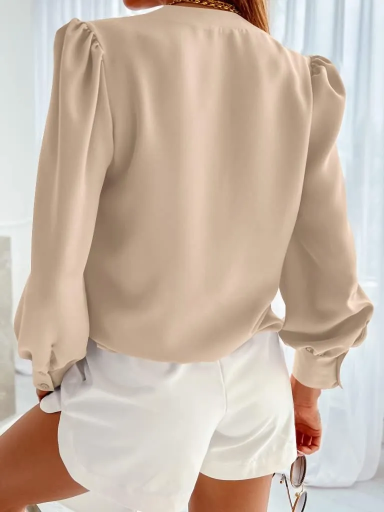 Women's Business Casual Tops Summer Long Sleeve Button Down Shirts V Neck Chiffon Blouses