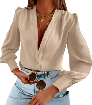 Women's Business Casual Tops Summer Long Sleeve Button Down Shirts V Neck Chiffon Blouses