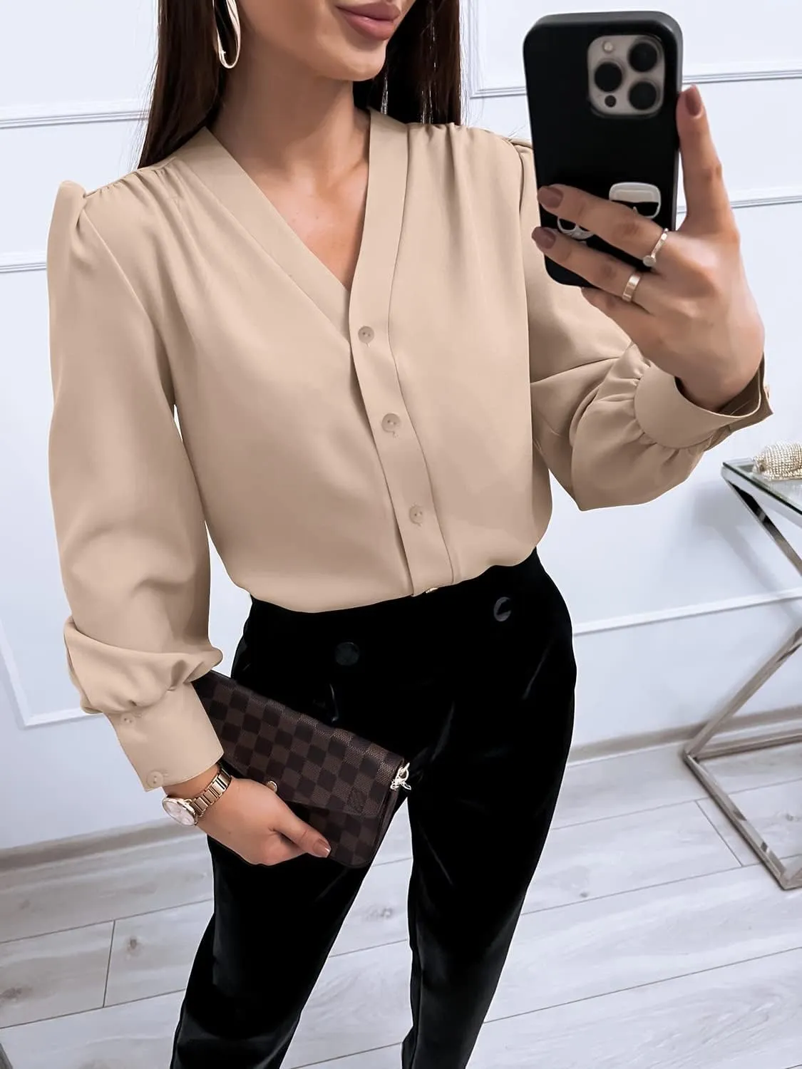 Women's Business Casual Tops Summer Long Sleeve Button Down Shirts V Neck Chiffon Blouses