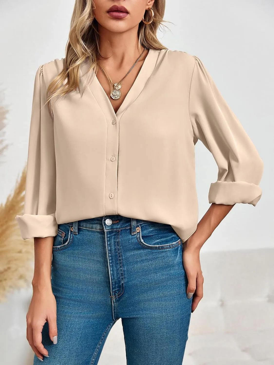 Women's Business Casual Tops Summer Long Sleeve Button Down Shirts V Neck Chiffon Blouses