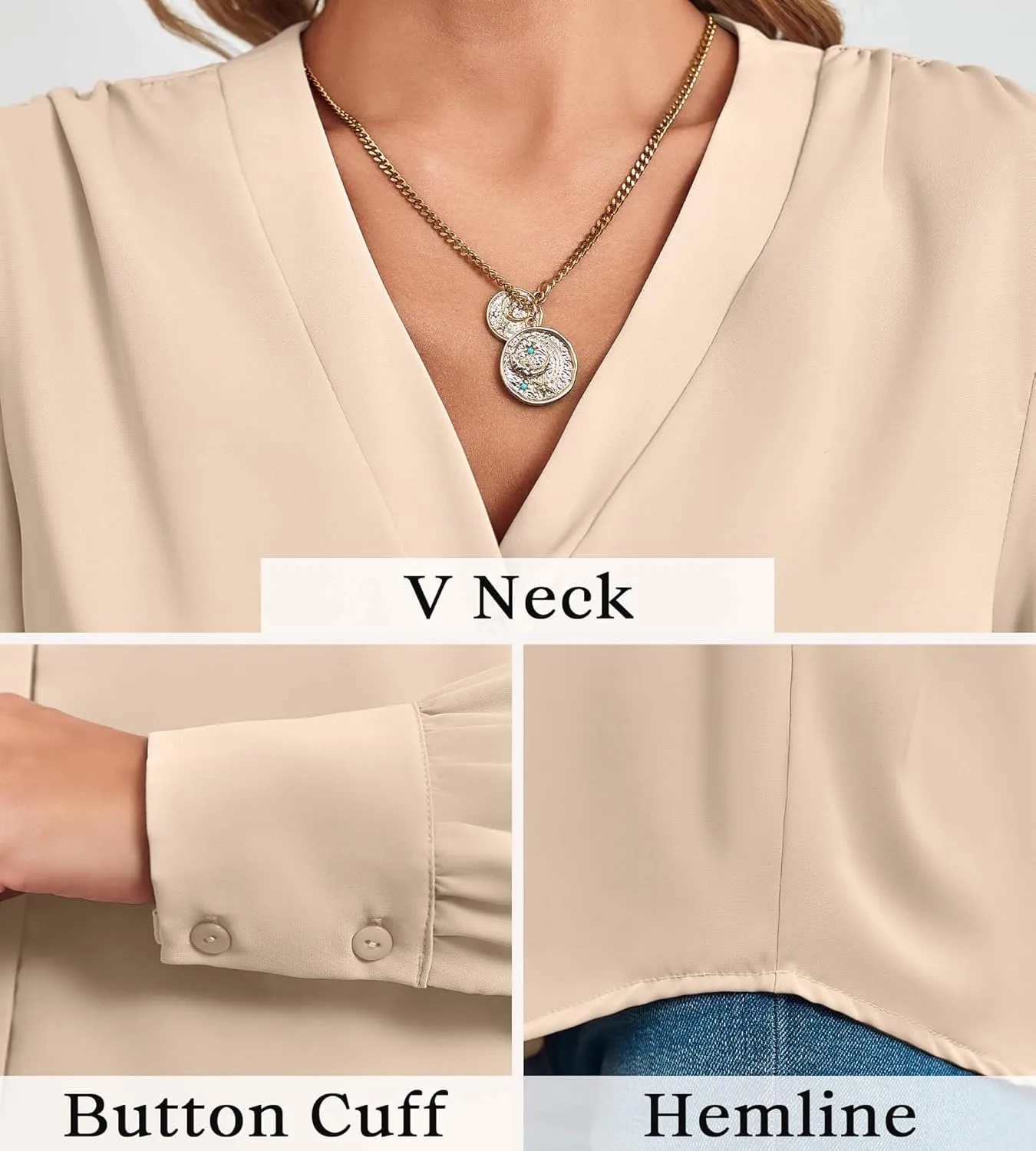 Women's Business Casual Tops Summer Long Sleeve Button Down Shirts V Neck Chiffon Blouses