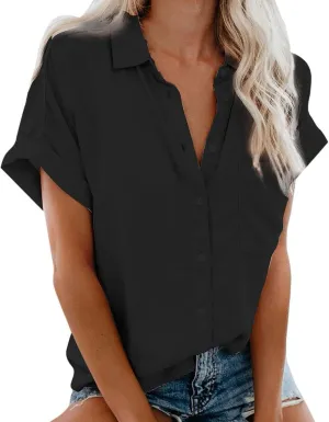 Womens Button Down Shirts Casual Cap Sleeve V Neck Shirt Business Work Blouses Slim Fit Summer Fashion Dressy Tops
