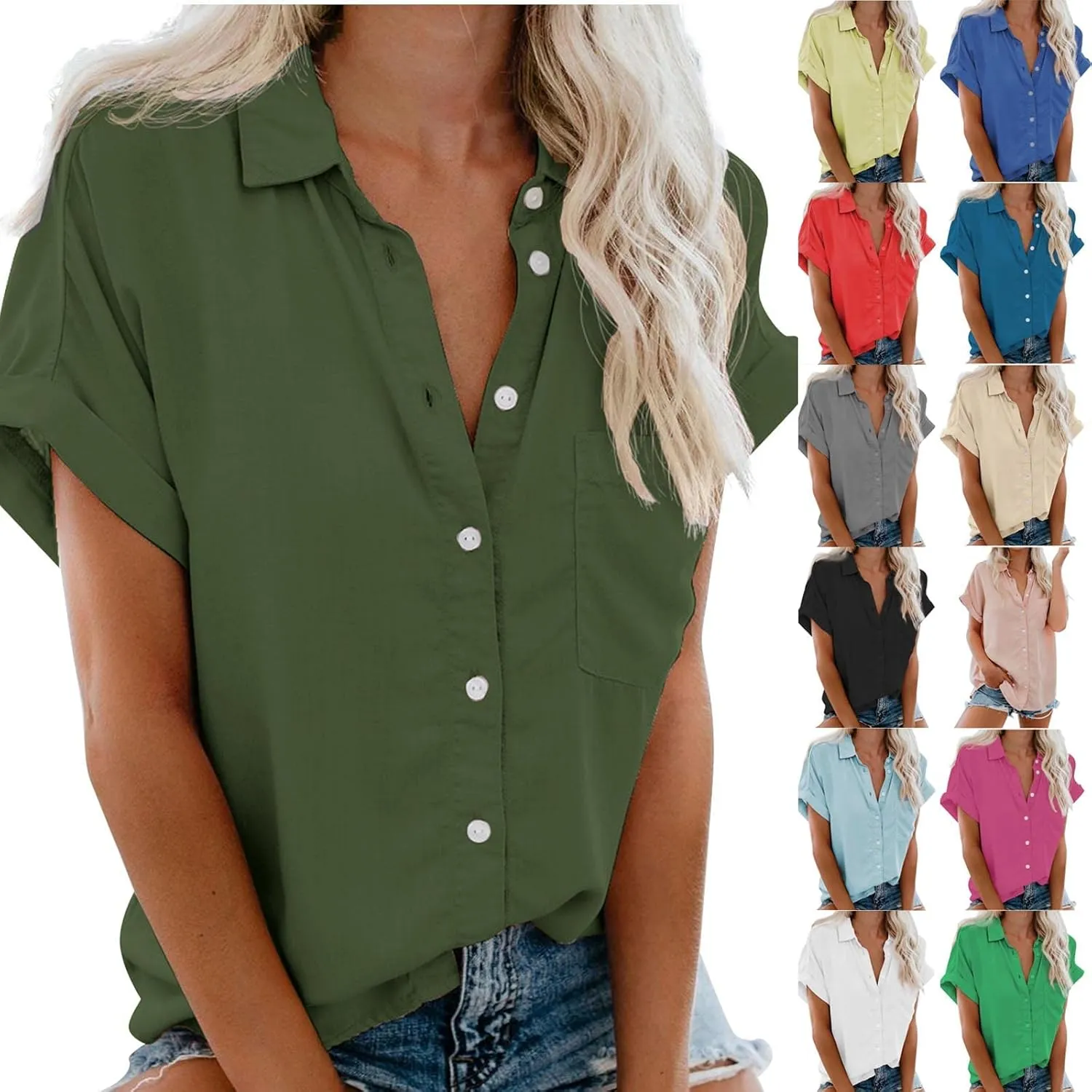 Womens Button Down Shirts Casual Cap Sleeve V Neck Shirt Business Work Blouses Slim Fit Summer Fashion Dressy Tops