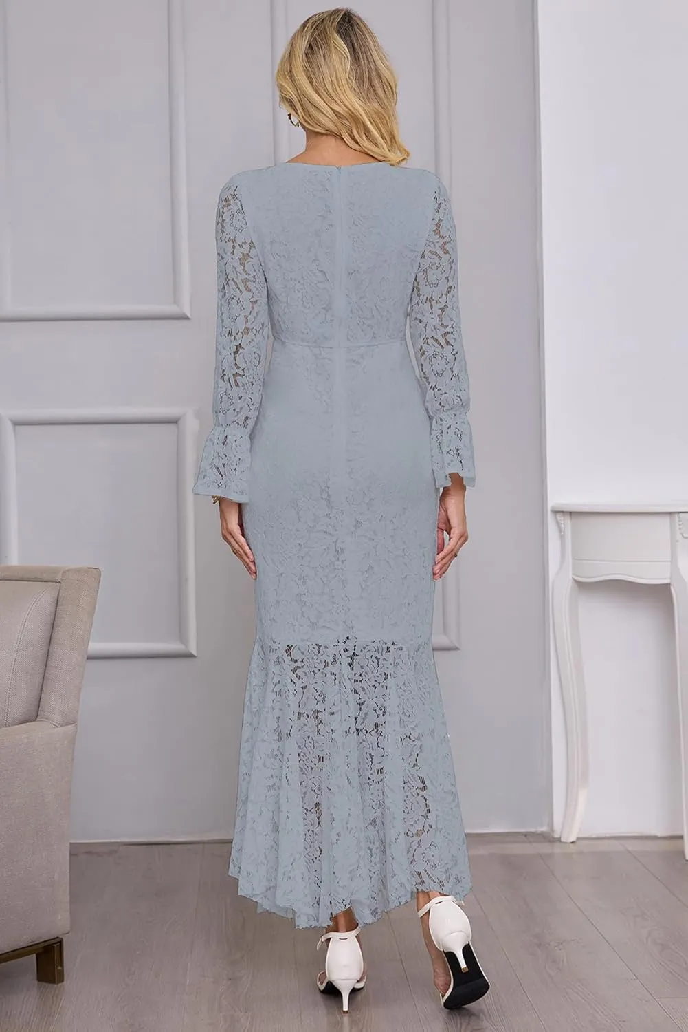 Women's Fall Winter Long Sleeve Floral Lace Mermaid Maxi Dress Elegant Wedding Guest Party Long Dresses Formal Evening Gowns