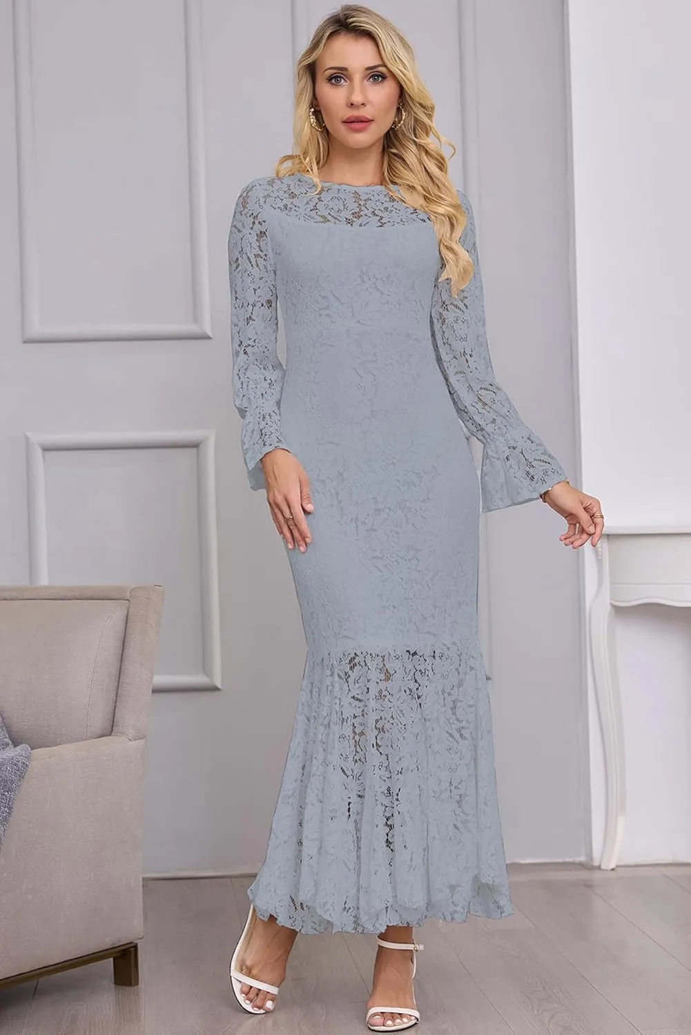 Women's Fall Winter Long Sleeve Floral Lace Mermaid Maxi Dress Elegant Wedding Guest Party Long Dresses Formal Evening Gowns