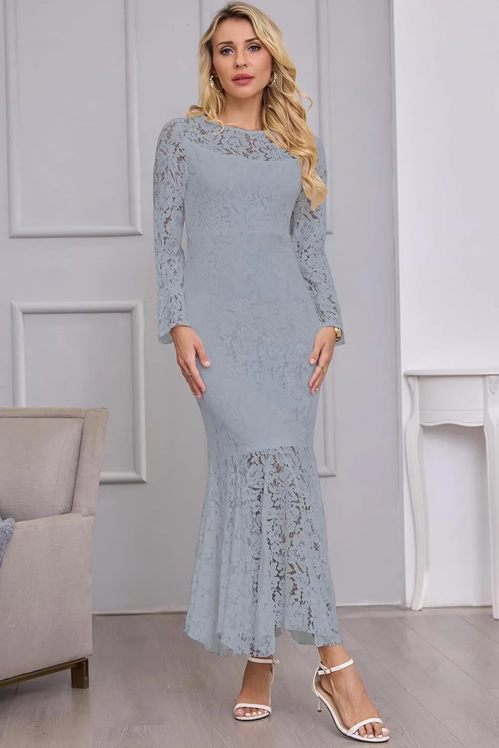 Women's Fall Winter Long Sleeve Floral Lace Mermaid Maxi Dress Elegant Wedding Guest Party Long Dresses Formal Evening Gowns