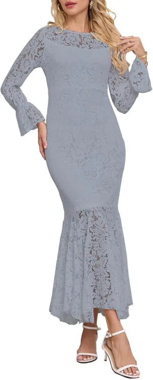Women's Fall Winter Long Sleeve Floral Lace Mermaid Maxi Dress Elegant Wedding Guest Party Long Dresses Formal Evening Gowns
