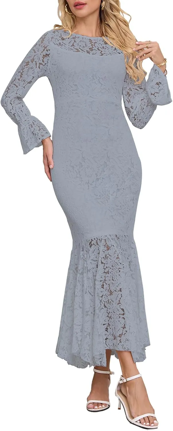 Women's Fall Winter Long Sleeve Floral Lace Mermaid Maxi Dress Elegant Wedding Guest Party Long Dresses Formal Evening Gowns