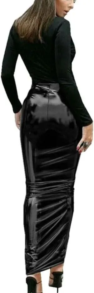 Women's High-Shine PVC High Waist Hobble Maxi Skirt Fetish Gothic Pencil Cut Bodycon Silhouette for Alternative Fashion