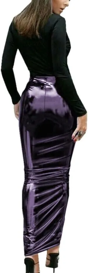 Women's High-Shine PVC High Waist Hobble Maxi Skirt Fetish Gothic Pencil Cut Bodycon Silhouette for Alternative Fashion