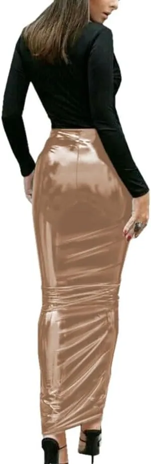 Women's High-Shine PVC High Waist Hobble Maxi Skirt Fetish Gothic Pencil Cut Bodycon Silhouette for Alternative Fashion
