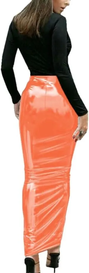 Women's High-Shine PVC High Waist Hobble Maxi Skirt Fetish Gothic Pencil Cut Bodycon Silhouette for Alternative Fashion