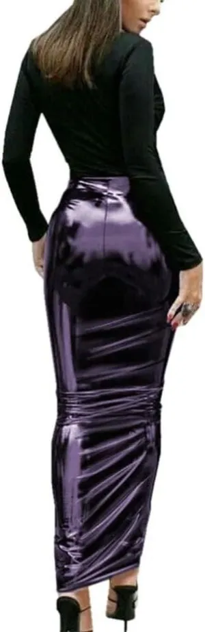 Women's High-Shine PVC High Waist Hobble Maxi Skirt Fetish Gothic Pencil Cut Bodycon Silhouette for Alternative Fashion
