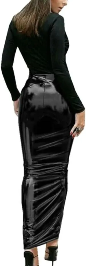 Women's High-Shine PVC High Waist Hobble Maxi Skirt Fetish Gothic Pencil Cut Bodycon Silhouette for Alternative Fashion