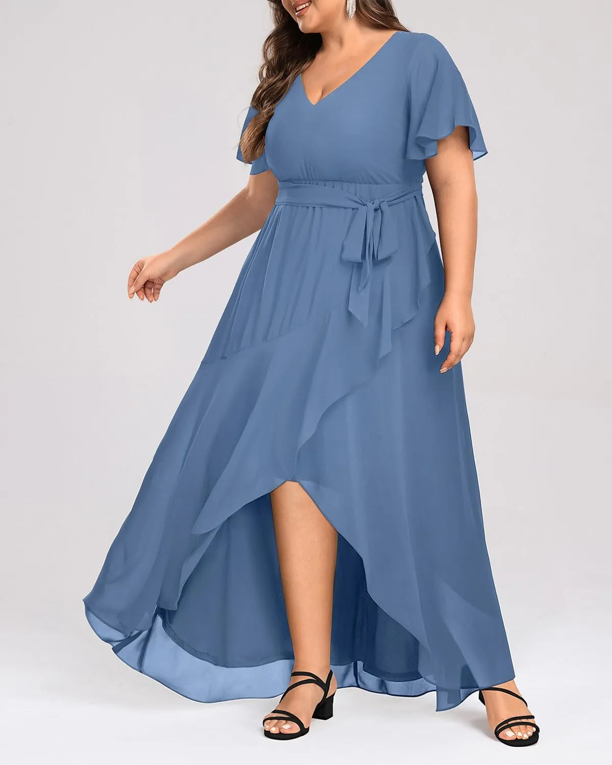 Womens Plus Size Long Dress Chiffon High Low Split Ruffle Evening Bridesmaid Wedding Guest Formal Maxi Dresses