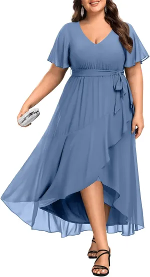 Womens Plus Size Long Dress Chiffon High Low Split Ruffle Evening Bridesmaid Wedding Guest Formal Maxi Dresses