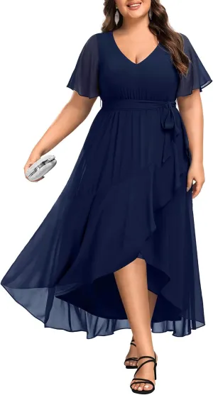 Womens Plus Size Long Dress Chiffon High Low Split Ruffle Evening Bridesmaid Wedding Guest Formal Maxi Dresses