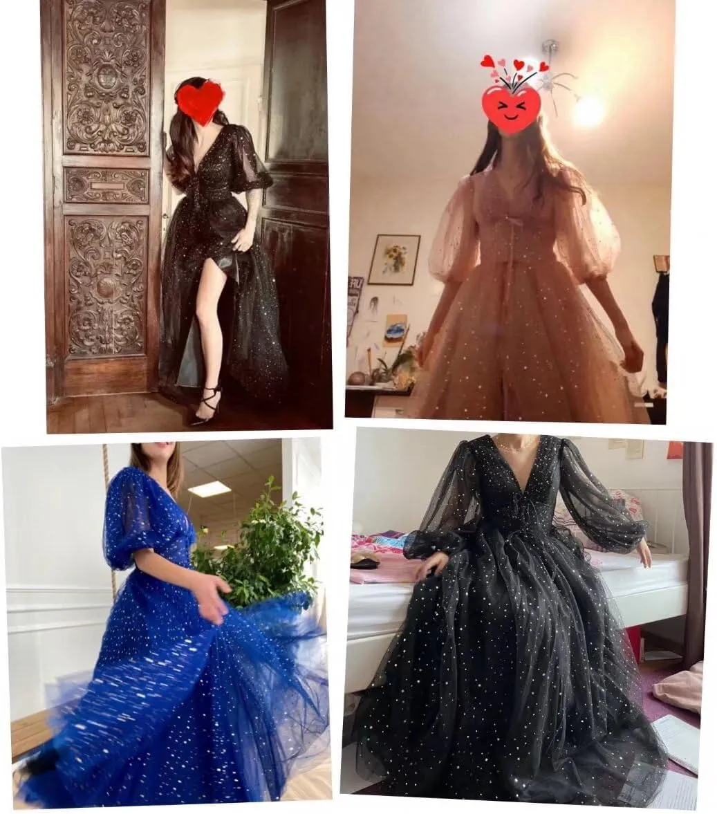 Women's Sparkle Starry Tulle Prom Dresses Puffy Sleeve Evening Gowns Long Slit Formal Party Dress with Pockets
