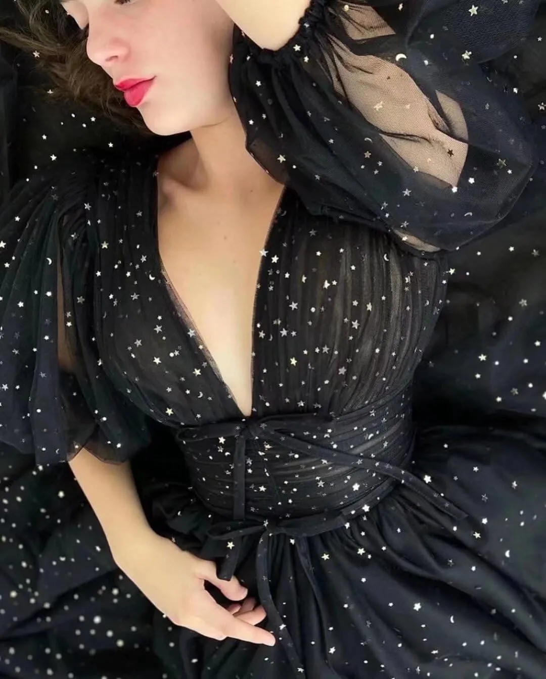 Women's Sparkle Starry Tulle Prom Dresses Puffy Sleeve Evening Gowns Long Slit Formal Party Dress with Pockets