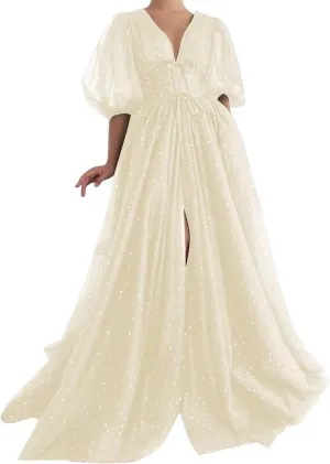 Women's Sparkle Starry Tulle Prom Dresses Puffy Sleeve Evening Gowns Long Slit Formal Party Dress with Pockets