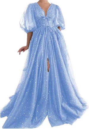 Women's Sparkle Starry Tulle Prom Dresses Puffy Sleeve Evening Gowns Long Slit Formal Party Dress with Pockets