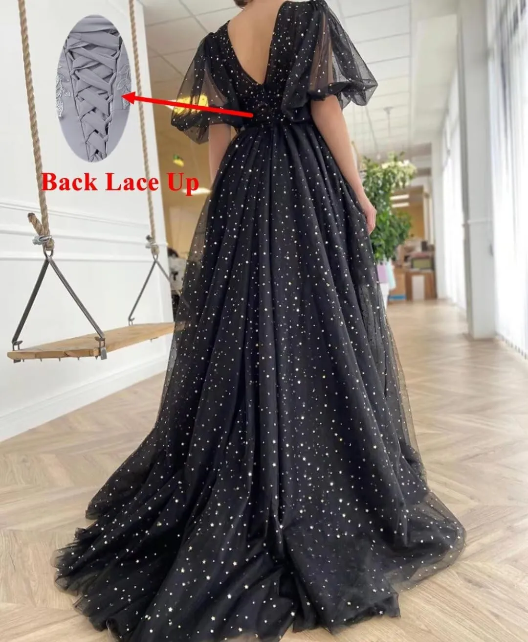 Women's Sparkle Starry Tulle Prom Dresses Puffy Sleeve Evening Gowns Long Slit Formal Party Dress with Pockets