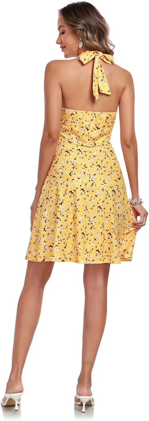 Women's Summer Dresses Sleeveless Halter V Neck Womens Sundress Spring 2025 Floral Dress for Women with Pocket Elastic Waist