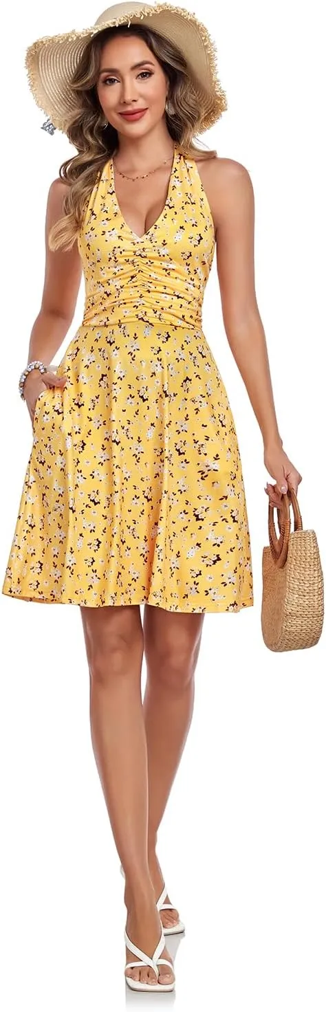 Women's Summer Dresses Sleeveless Halter V Neck Womens Sundress Spring 2025 Floral Dress for Women with Pocket Elastic Waist