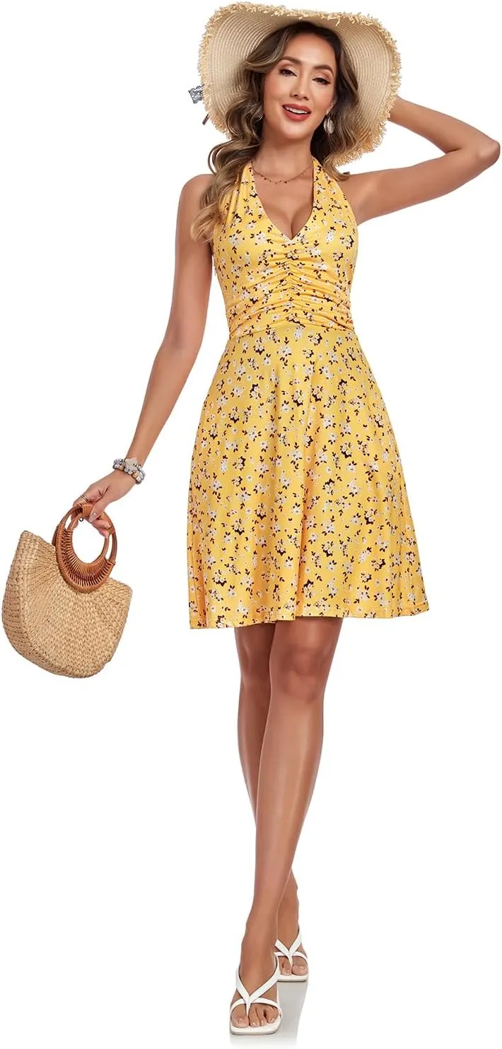 Women's Summer Dresses Sleeveless Halter V Neck Womens Sundress Spring 2025 Floral Dress for Women with Pocket Elastic Waist