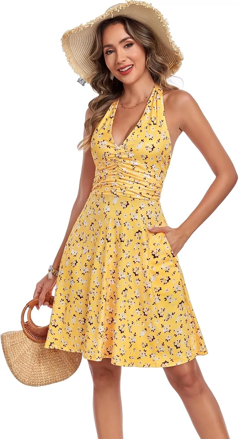Women's Summer Dresses Sleeveless Halter V Neck Womens Sundress Spring 2025 Floral Dress for Women with Pocket Elastic Waist