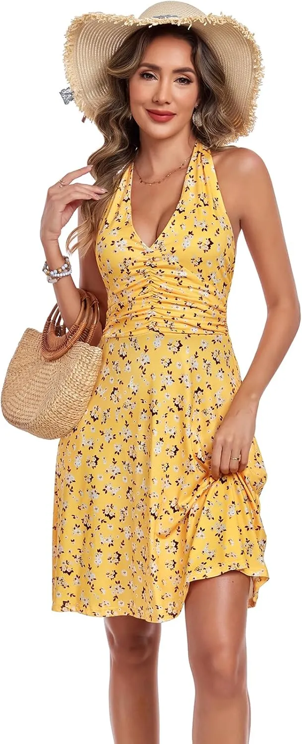 Women's Summer Dresses Sleeveless Halter V Neck Womens Sundress Spring 2025 Floral Dress for Women with Pocket Elastic Waist