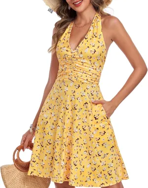 Women's Summer Dresses Sleeveless Halter V Neck Womens Sundress Spring 2025 Floral Dress for Women with Pocket Elastic Waist