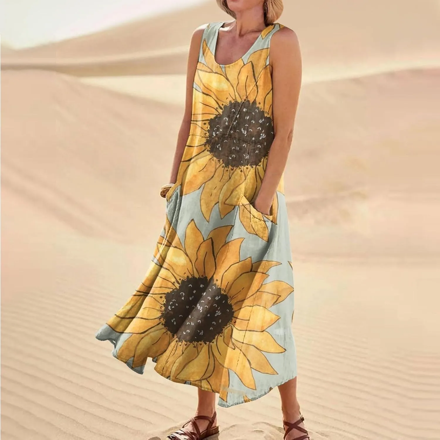 Womens Summer Dresses Sunflower Dresses Sleeveless Scoop Neck Floral Print Maxi Tank Dress Casual Sundress with Pockets