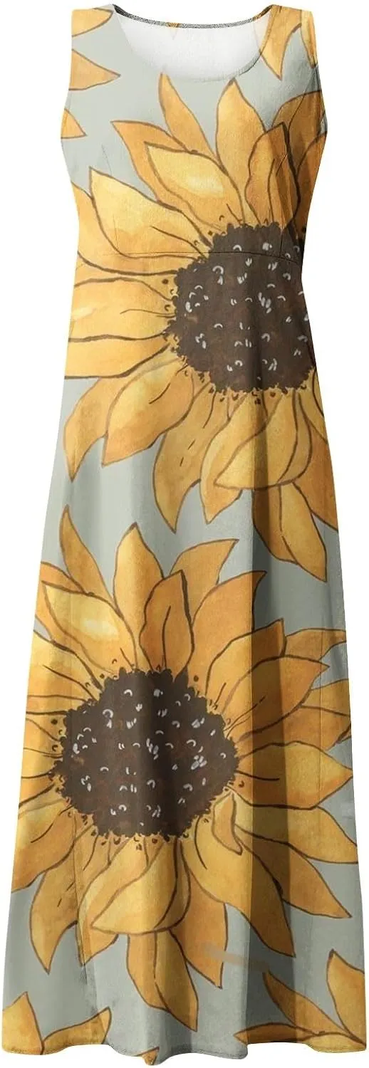 Womens Summer Dresses Sunflower Dresses Sleeveless Scoop Neck Floral Print Maxi Tank Dress Casual Sundress with Pockets
