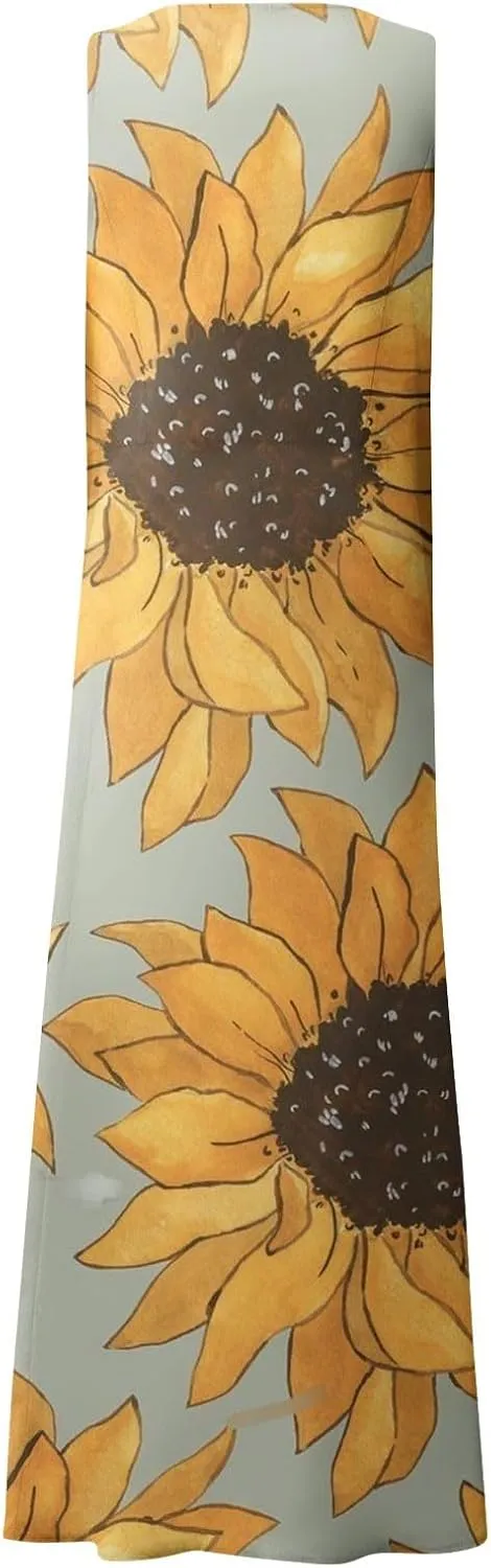 Womens Summer Dresses Sunflower Dresses Sleeveless Scoop Neck Floral Print Maxi Tank Dress Casual Sundress with Pockets
