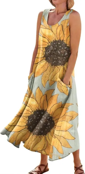 Womens Summer Dresses Sunflower Dresses Sleeveless Scoop Neck Floral Print Maxi Tank Dress Casual Sundress with Pockets