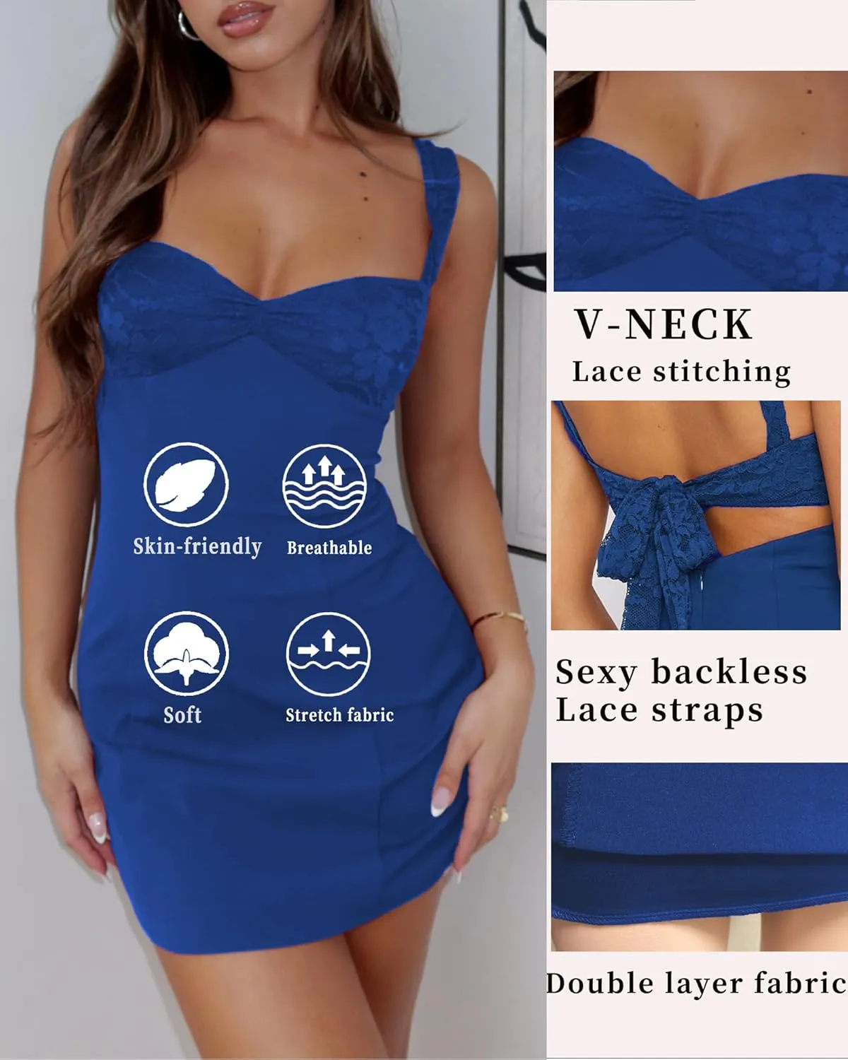 Women's Summer Mini Dresses Sleeveless Sexy V Neck Backless Lace Splicing Cocktail Party Straps Bodycon Dress