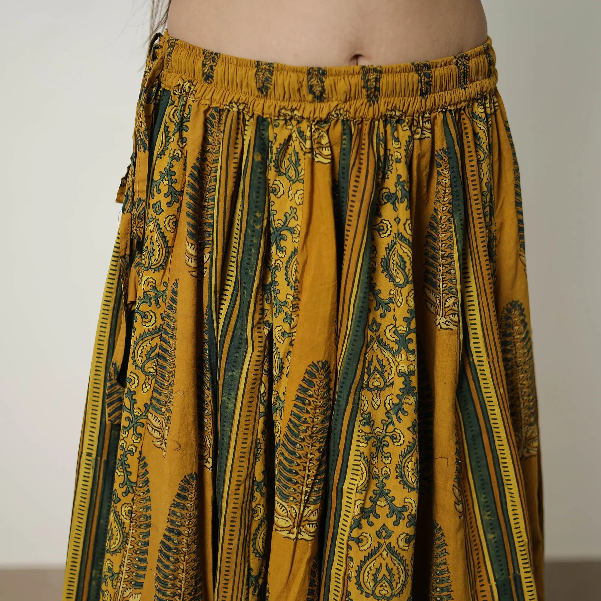 Yellow - Block Print Cotton 24 Kali Patchwork Ajrakh Long Skirt 02