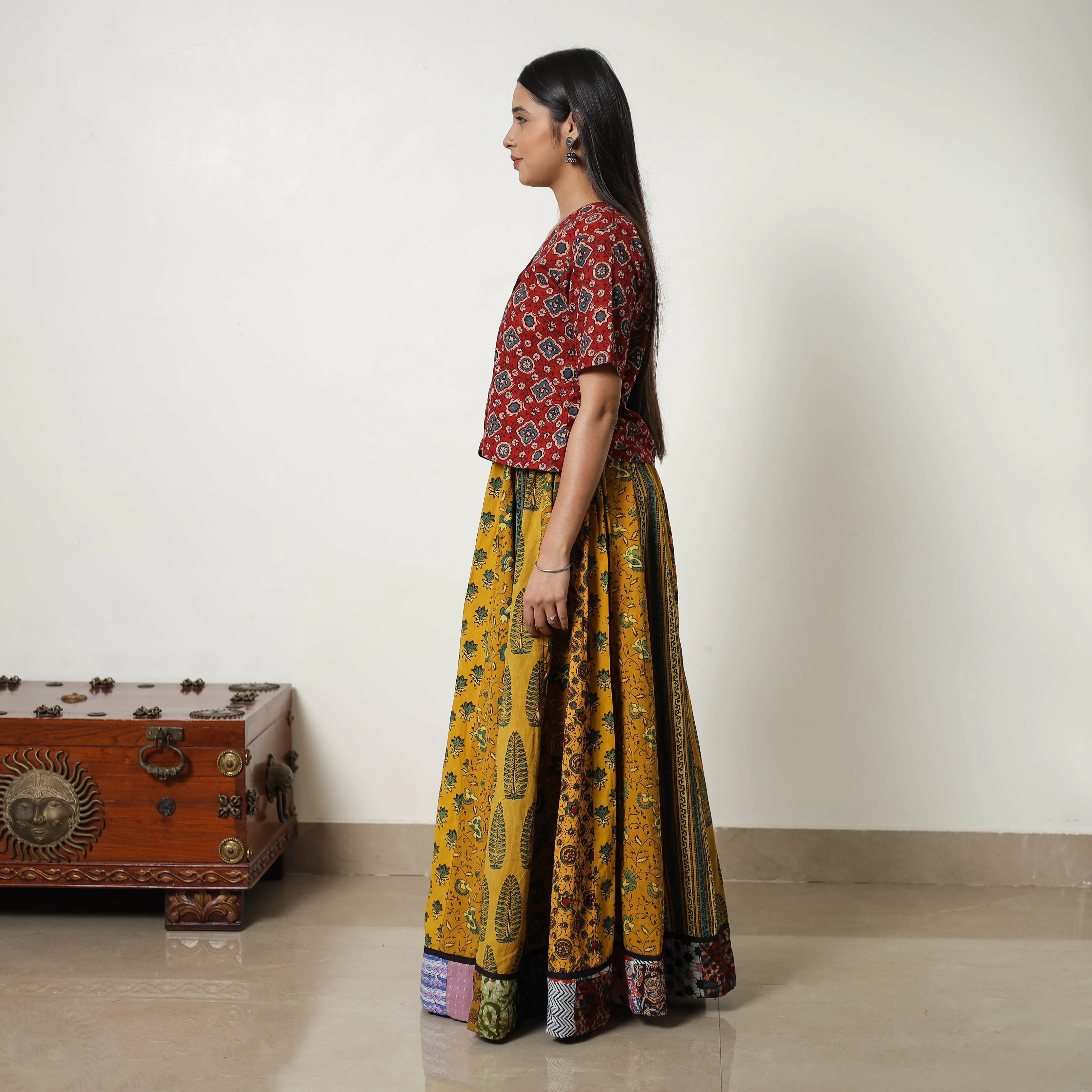 Yellow - Block Print Cotton 24 Kali Patchwork Ajrakh Long Skirt 03