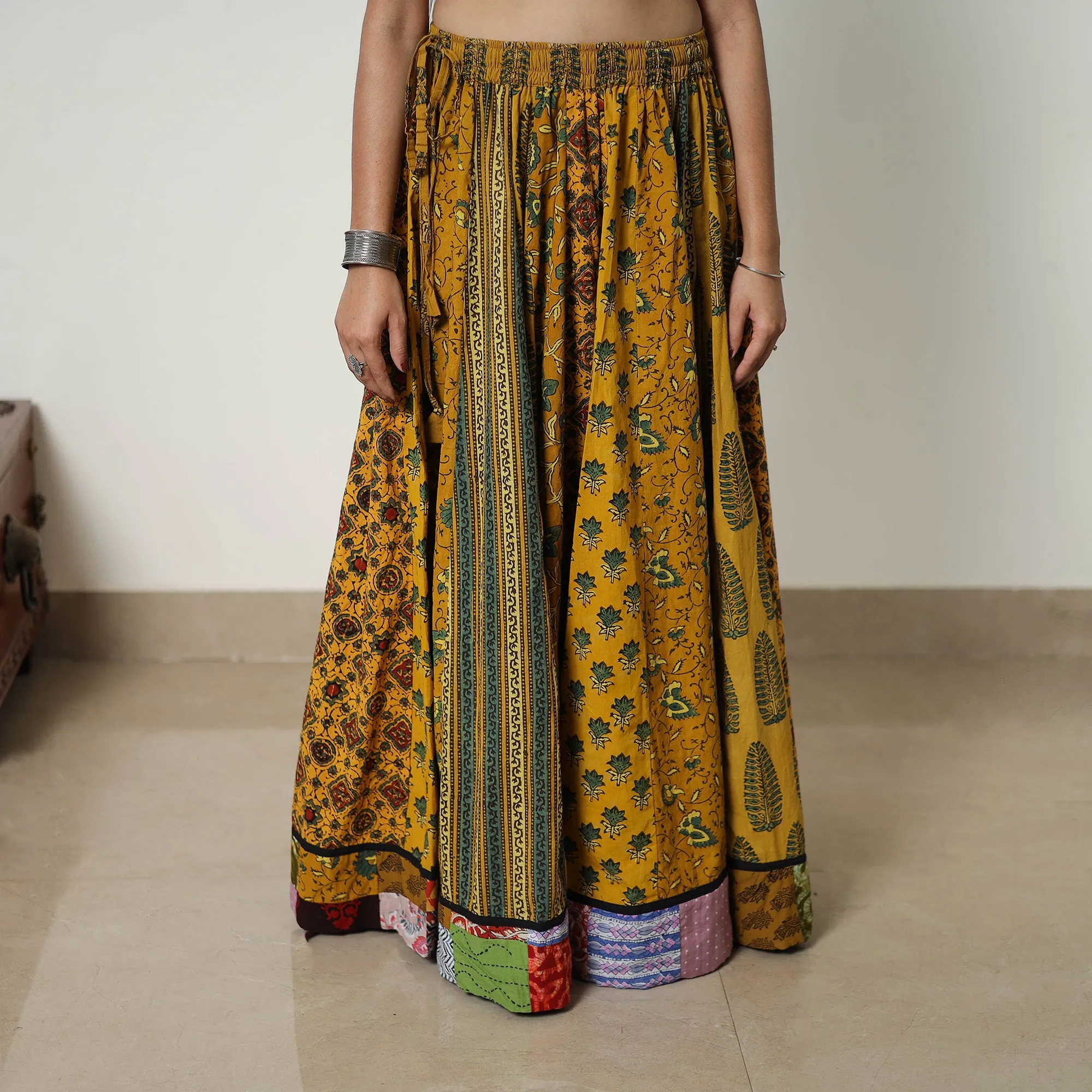 Yellow - Block Print Cotton 24 Kali Patchwork Ajrakh Long Skirt 03