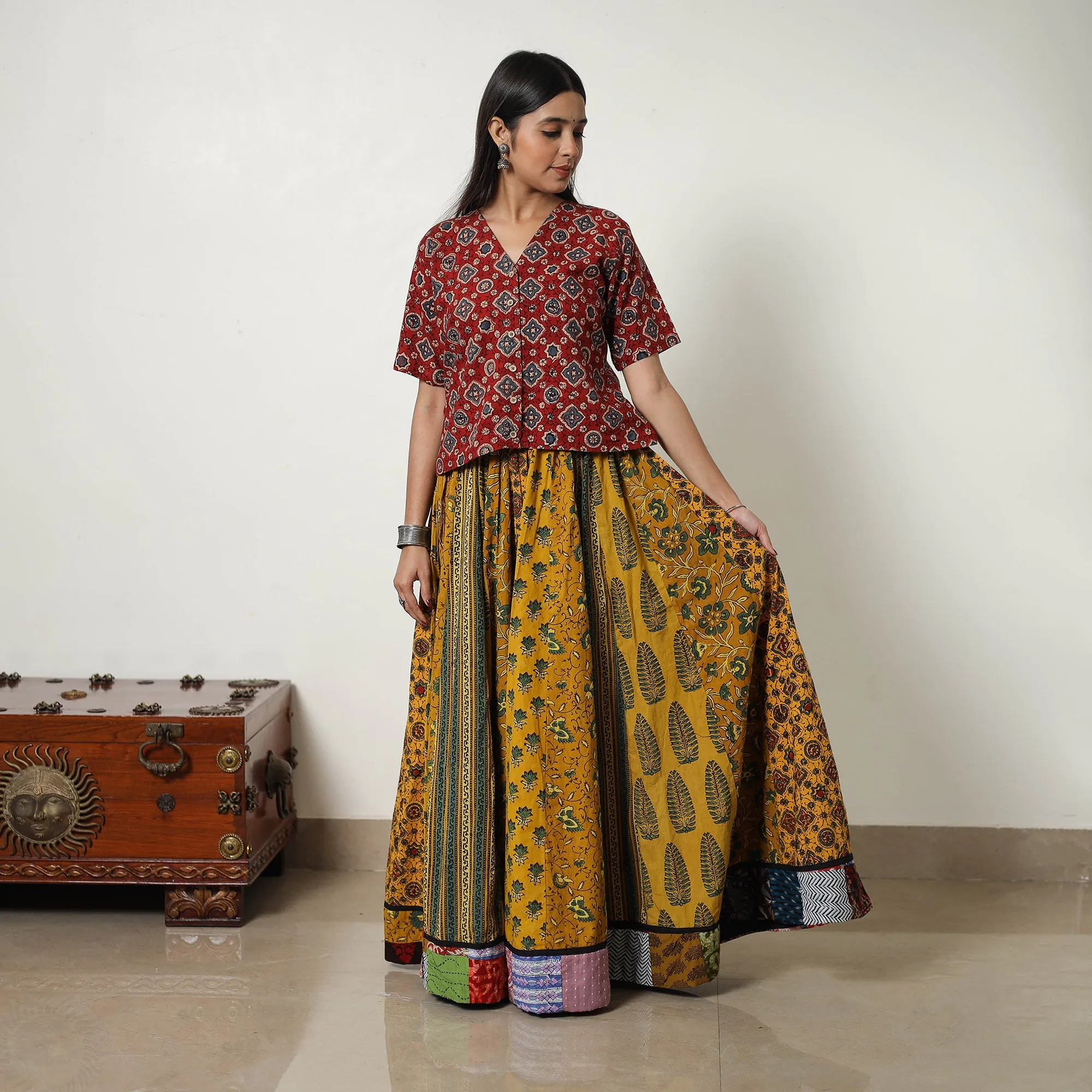 Yellow - Block Print Cotton 24 Kali Patchwork Ajrakh Long Skirt 03