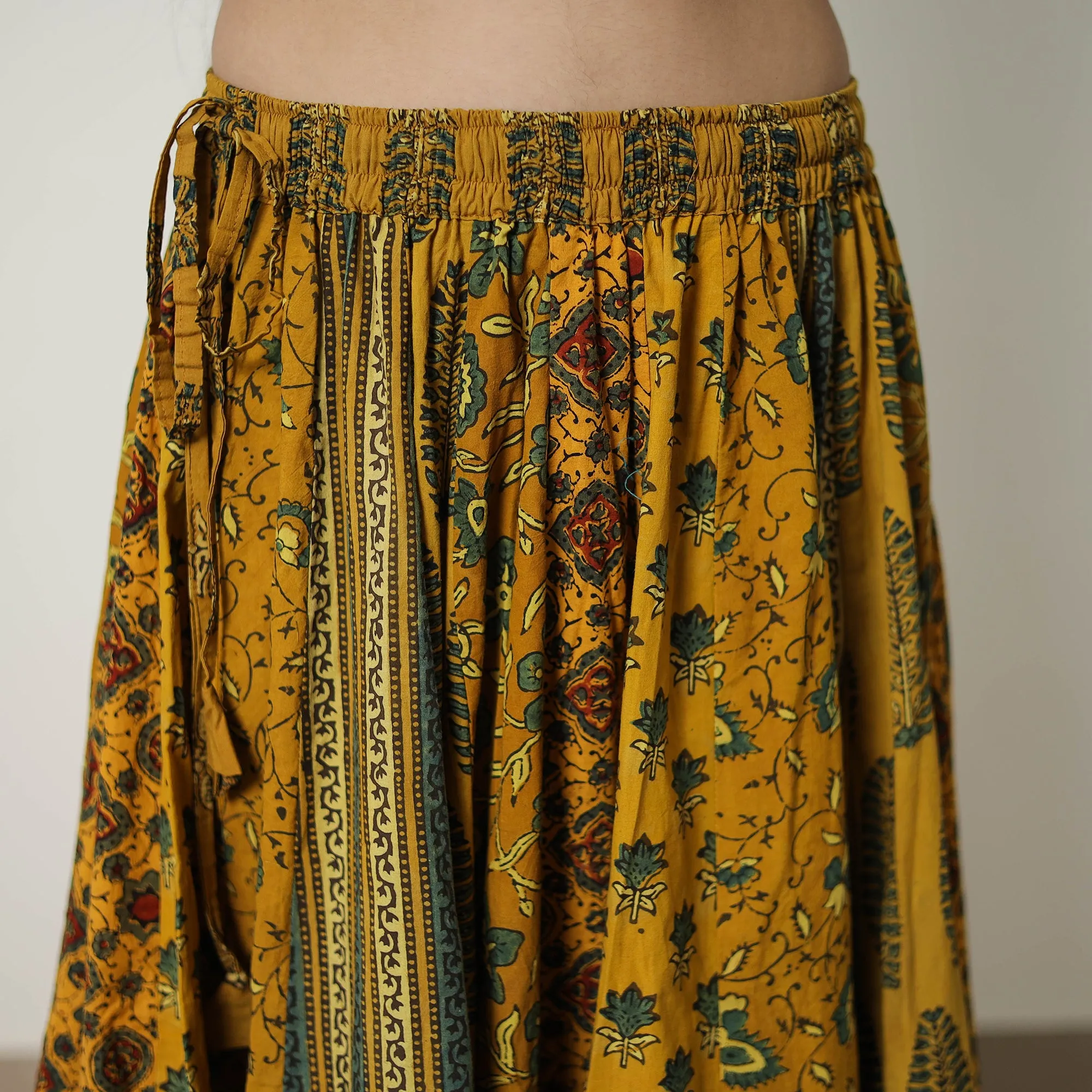 Yellow - Block Print Cotton 24 Kali Patchwork Ajrakh Long Skirt 03