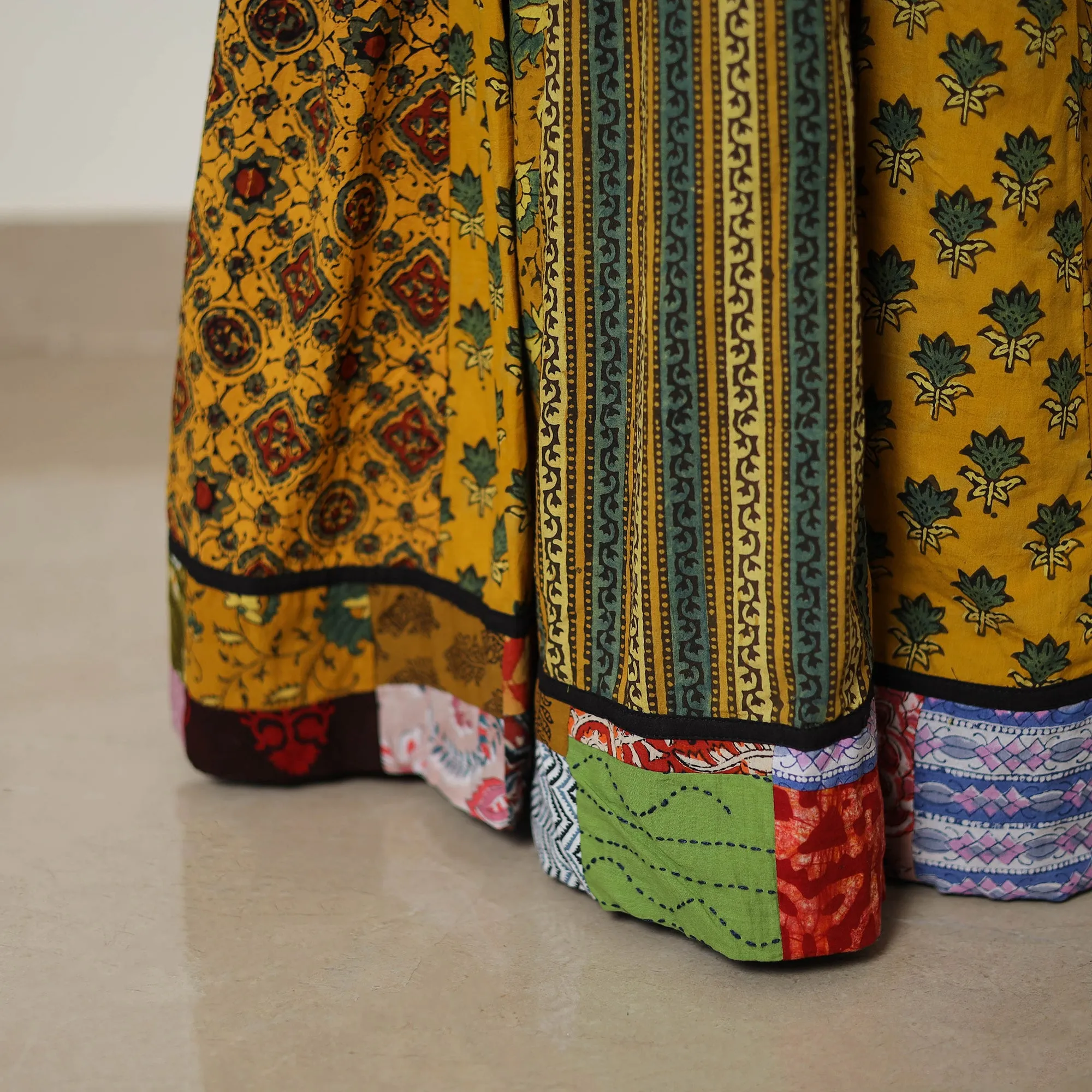 Yellow - Block Print Cotton 24 Kali Patchwork Ajrakh Long Skirt 03