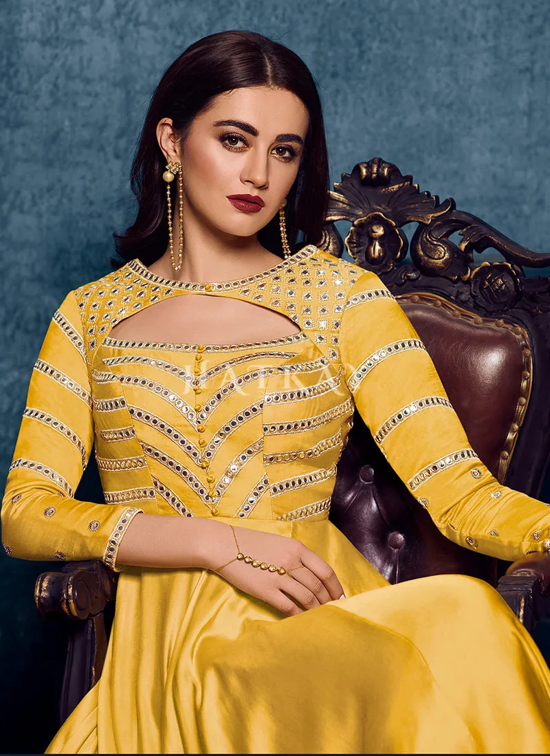 Yellow Mirror Embroidered Designer Gown