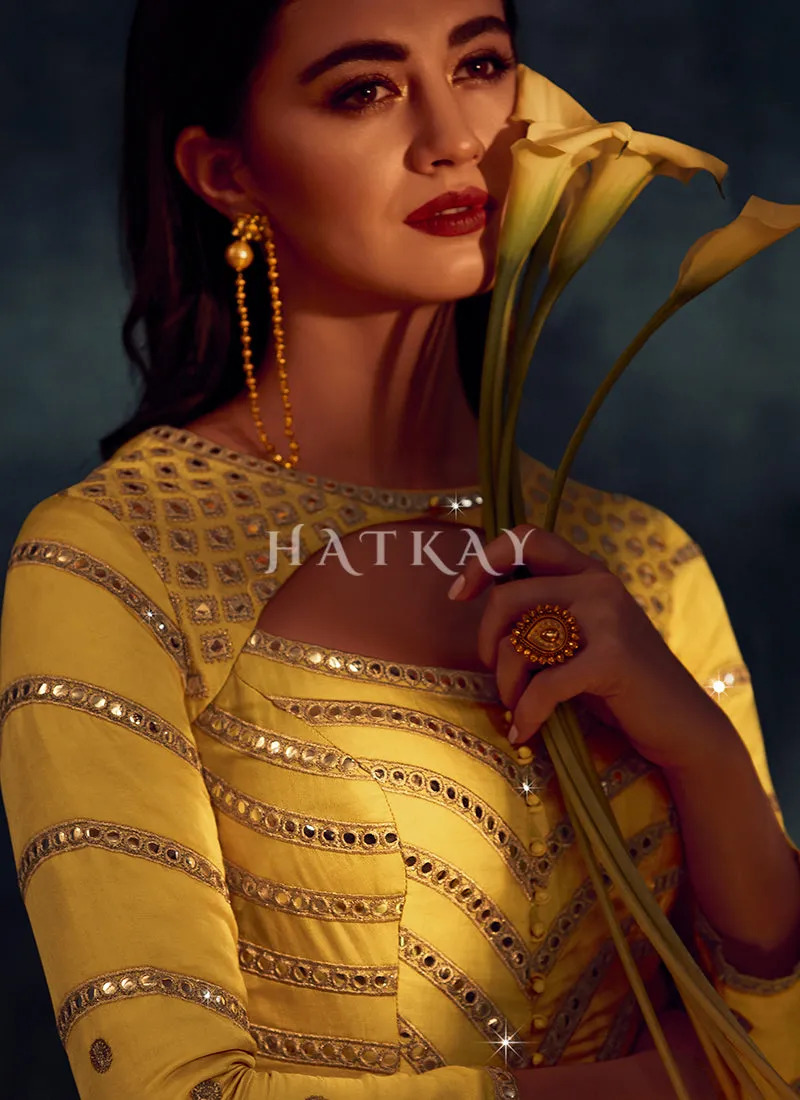 Yellow Mirror Embroidered Designer Gown
